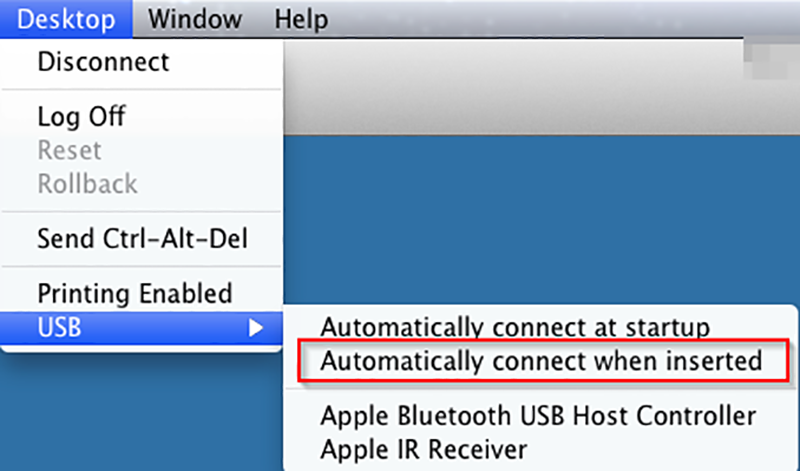 To connect a USB device to vLabs when it is inserted into your personal computer, select Desktop menu from the menu bar and then select USB from the menu, then select the Automatically connect when inserted option