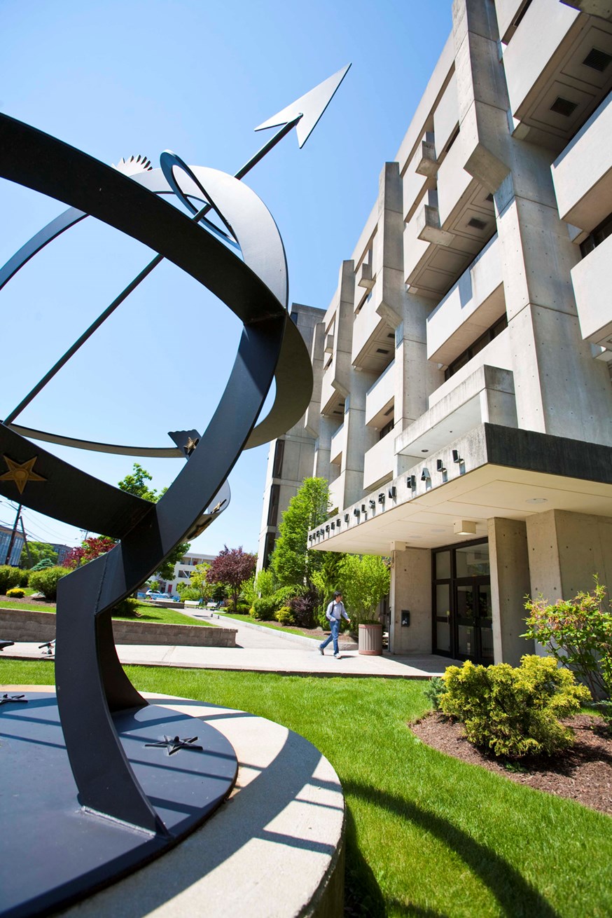 View of sculpture in front of Olsen Hall on North Campus