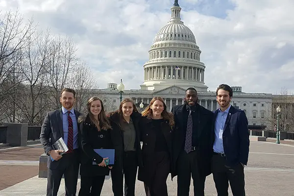 UML Lecturer Neil Shortland with five students who won third place in the fall 2016 Homeland Security and Facebook P2P: Challenging Extremism competition