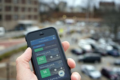 The Parking Spaces app on a phone at the Riverside lot