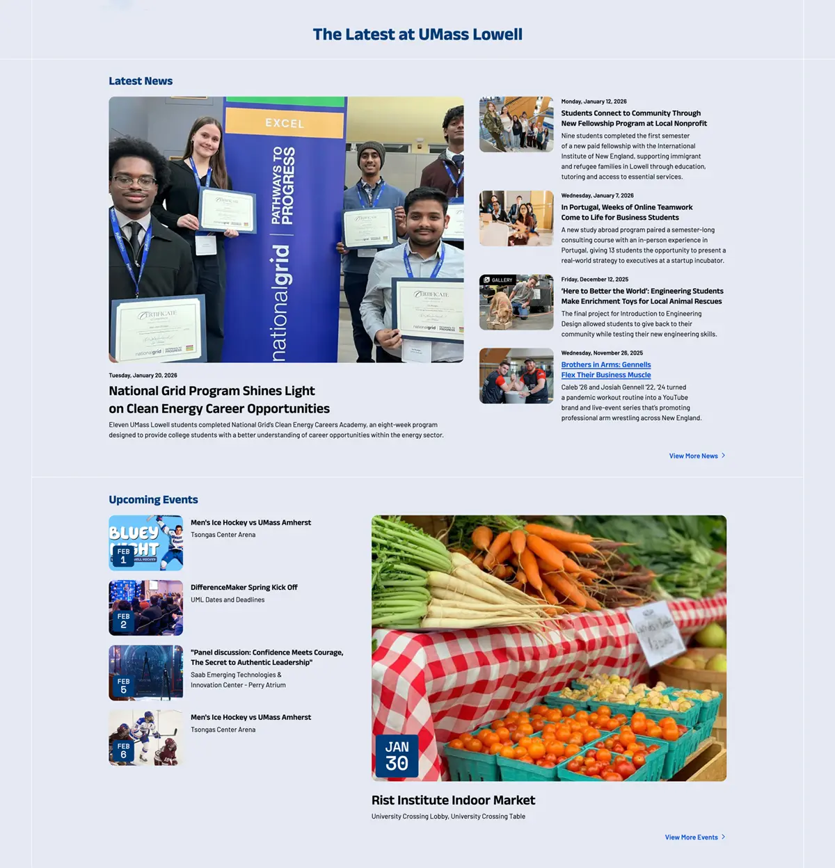 Website screenshot featuring improved News and Events sections of uml.edu website