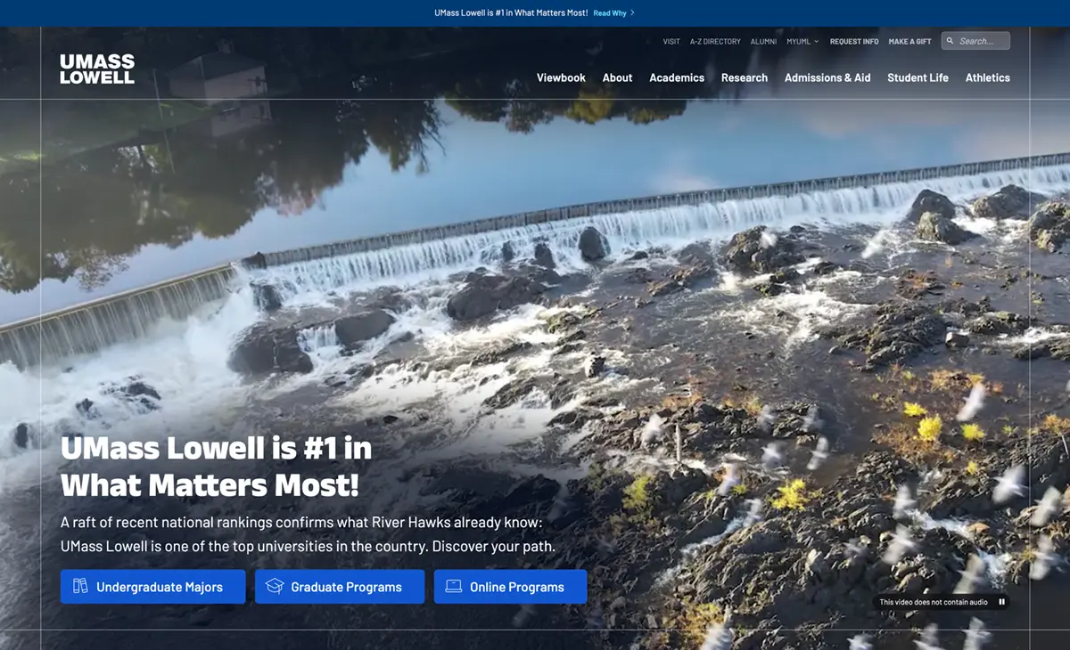 Screenshot showing new design for the top portion of uml.edu homepage