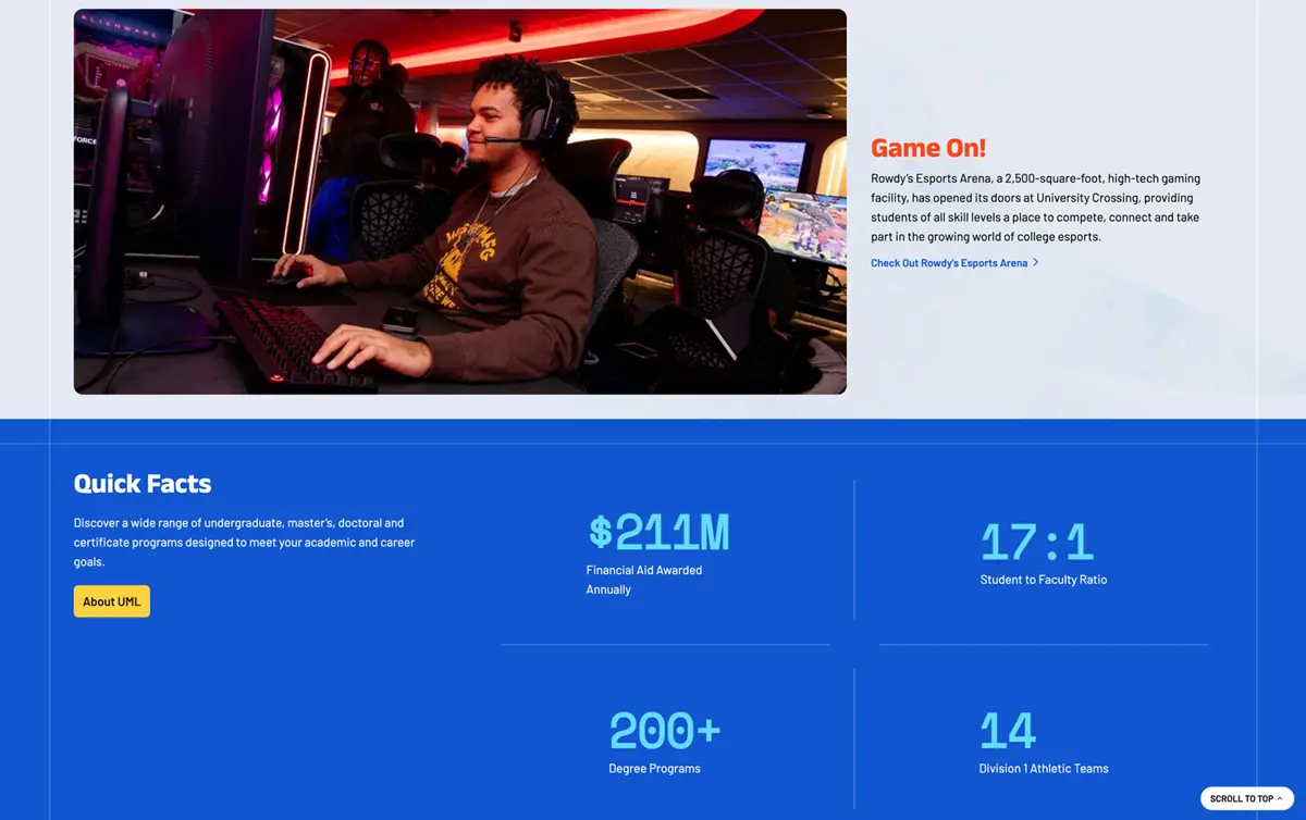 Screenshot highlighting new graphical elements and vibrant colors on the uml.edu homepage