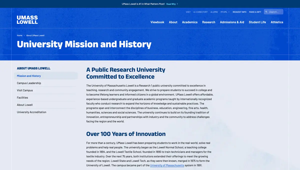 Screenshot of a bannerless page of uml.edu website