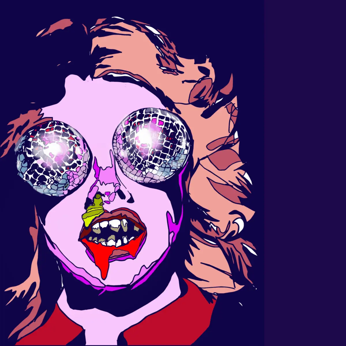 Illustration of a person with disco balls over their eyes and sharp, bloody teeth.
