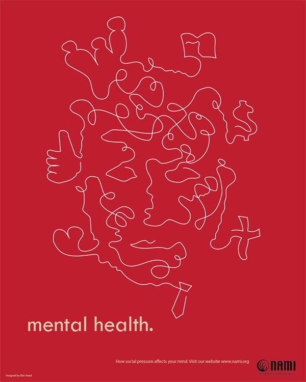 Red poster with jumbled line drawing that reads "mental health." by Elias Awad