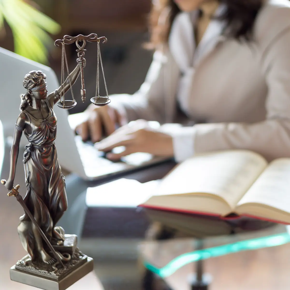 A statue of Lady Justice holding a set of scales in front of a person working on a computer at a desk.