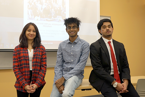 Finance students, from left, Mansi Thakkar, Soumik Naini and Anirban Dasgupta were among six Manning School of Business students who learned about the commercial real estate industry this fall as Project Destined interns.