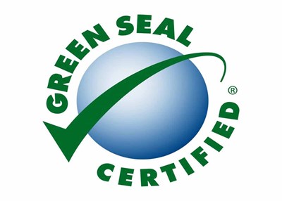 Purchasing-Cleaning and Janitorial Supplies-Green Seal: Green Seal's logo. Features a blue spherical object that relates to Planet Earth with a green check-mark surrounding it.