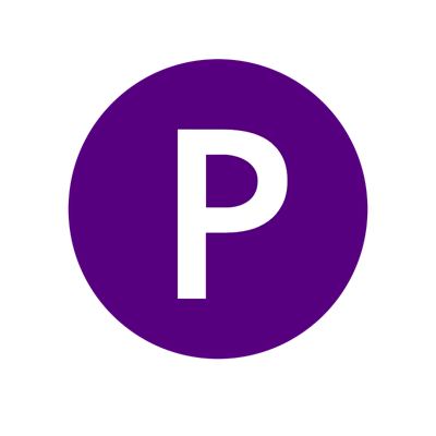 A purple circle with a white "P" in the middle.