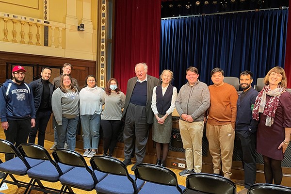 UML Economics Chair Monica Galizzi, right, with students in her health economics class and 2015 Nobel Prize in Economics winner Sir Angus Deaton and fellow Princeton Economics Prof. Anne Case at the Cary Lecture, March 2022