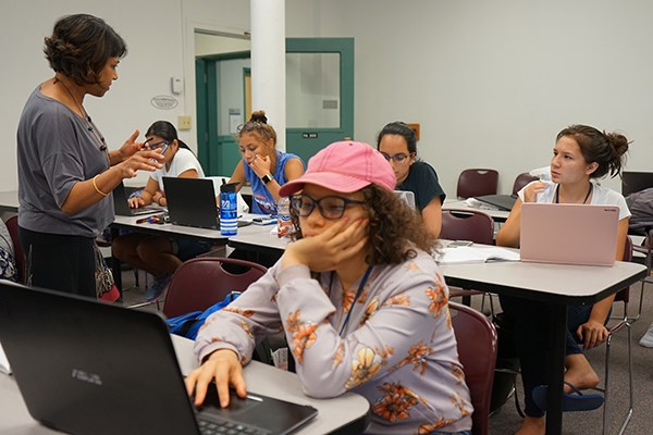 UMass Lowell Associate Dean of Engineering Kavitha Chandra runs the RAMP camp for incoming women engineering students -- Adriyanna Albert is in the foreground