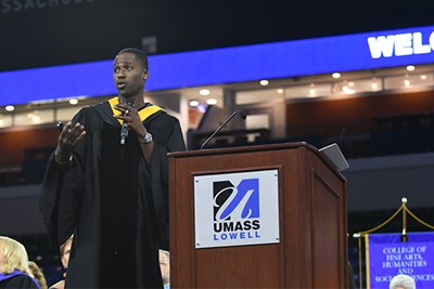 Ken Nwadike Jr., known across the globe as The Free Hugs Guy, tells his remarkable story to new students at UML's 13th annual Convocation.