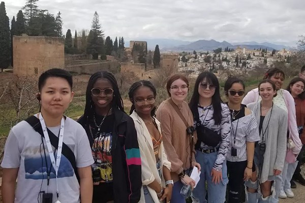 UML business major Rebecca Zhou and other first-generation college students at the Alhambra in Granada, Spain