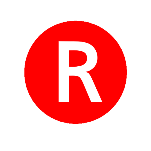 A red circle with a white "R" in the middle