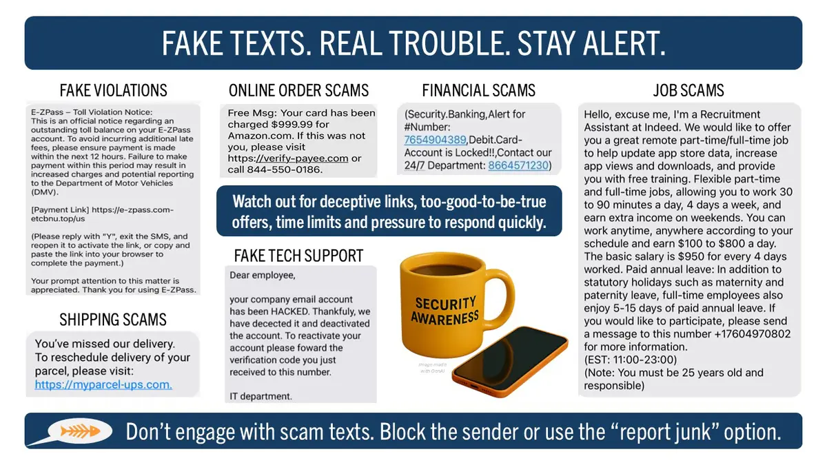 Residence Halls Text Scams slide info. Decorative.