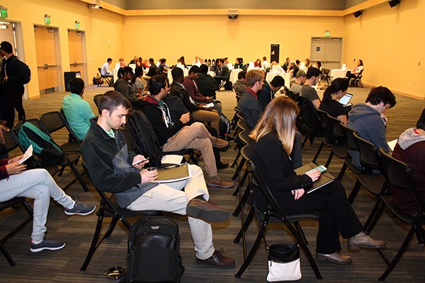 Students wait in Moloney Hall to have their resumes reviewed