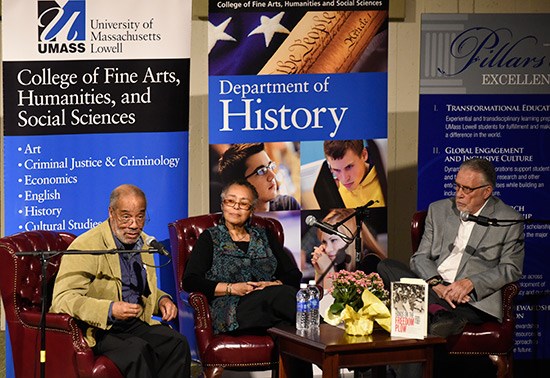 On April 30, 2015, civil rights activists Judy Richardson and Charles Cobb spoke at UMass Lowell about their involvement in the struggle for civil rights and voting rights as part of UMass Lowell’s commemoration of the 50th anniversary of the Voting Rights Act. With them is History Professor Robert Forrant.
