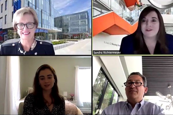 Chancellor Jacquie Moloney, Dean Sandra Richtermeyer, Rob Manning and Kristen Reardon in the Zoom chat 