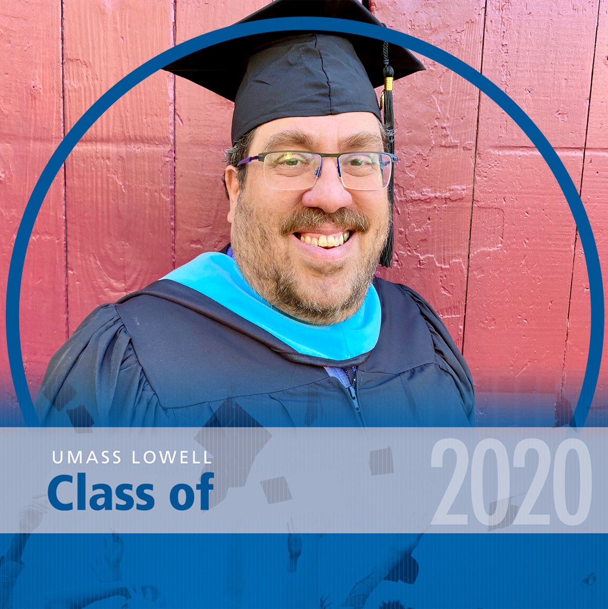 Headshot of Roberto Rivera in cap and gown with a blue decorative frame around it that reads "UMass Lowell Class of 2020."