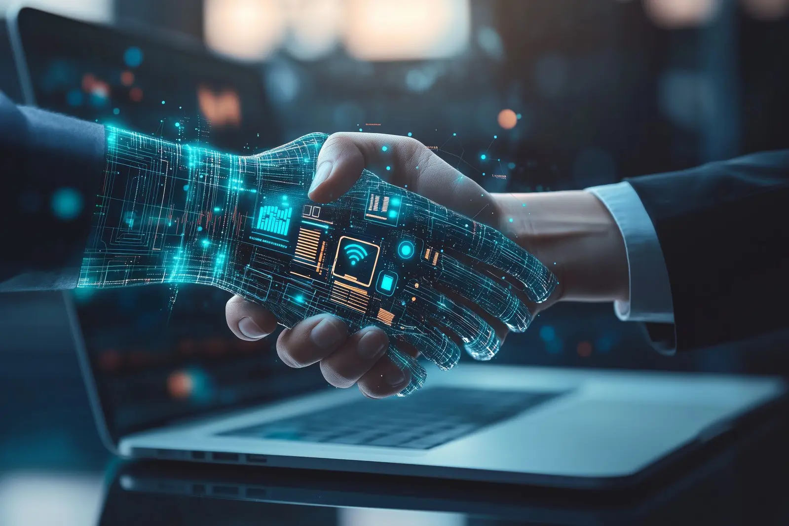 robot hand shaking hands with hand in shirt and suitjacket