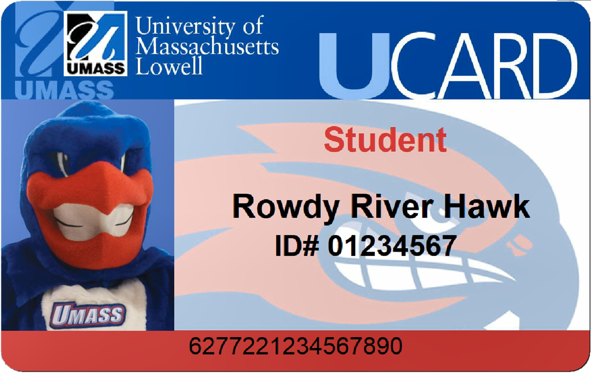 A mock student ID for UMass Lowell mascot, Rowdy the River Hawk.