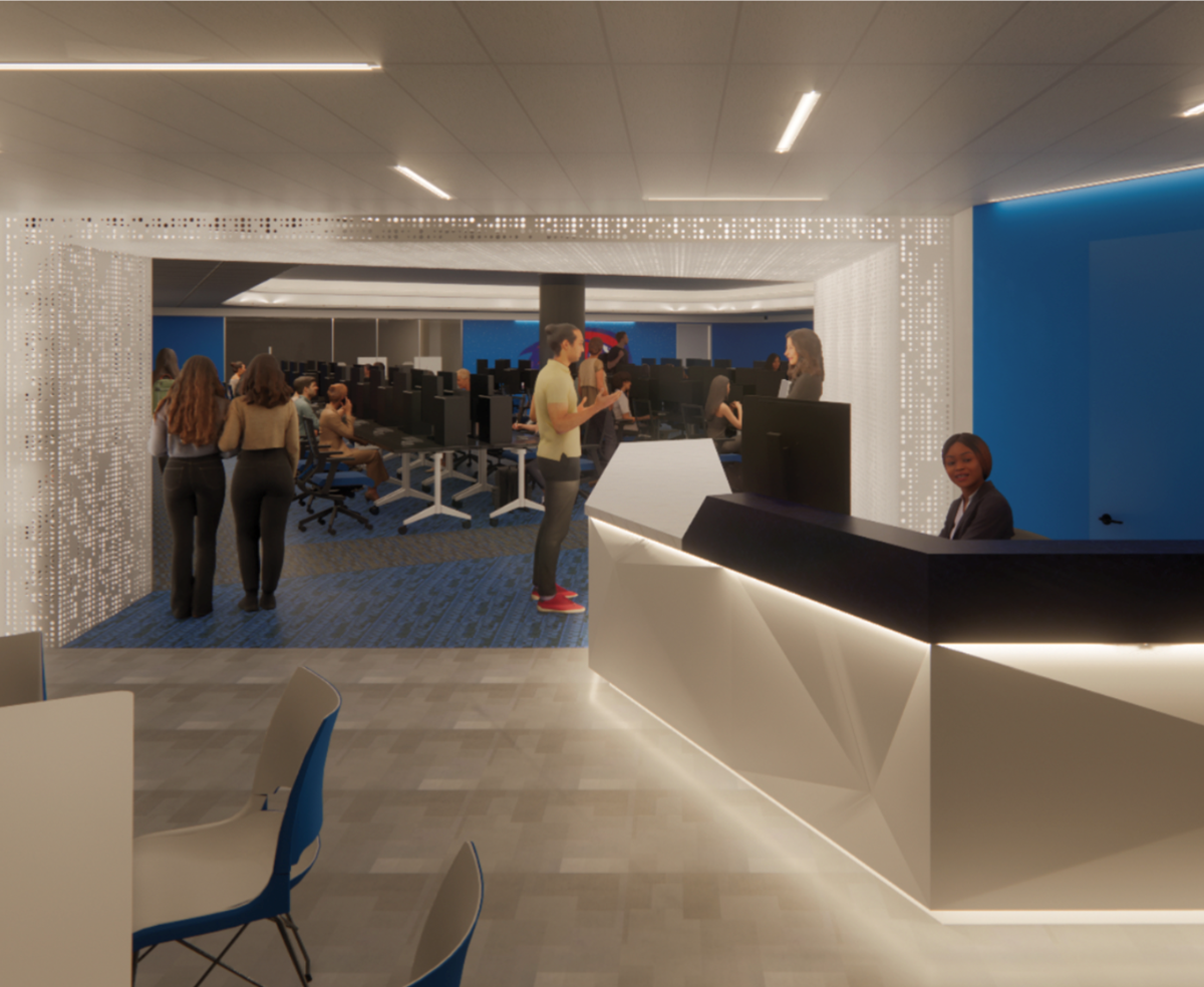 Rowdy's Esports Arena check-in desk mockup, featuring a reception area with people.