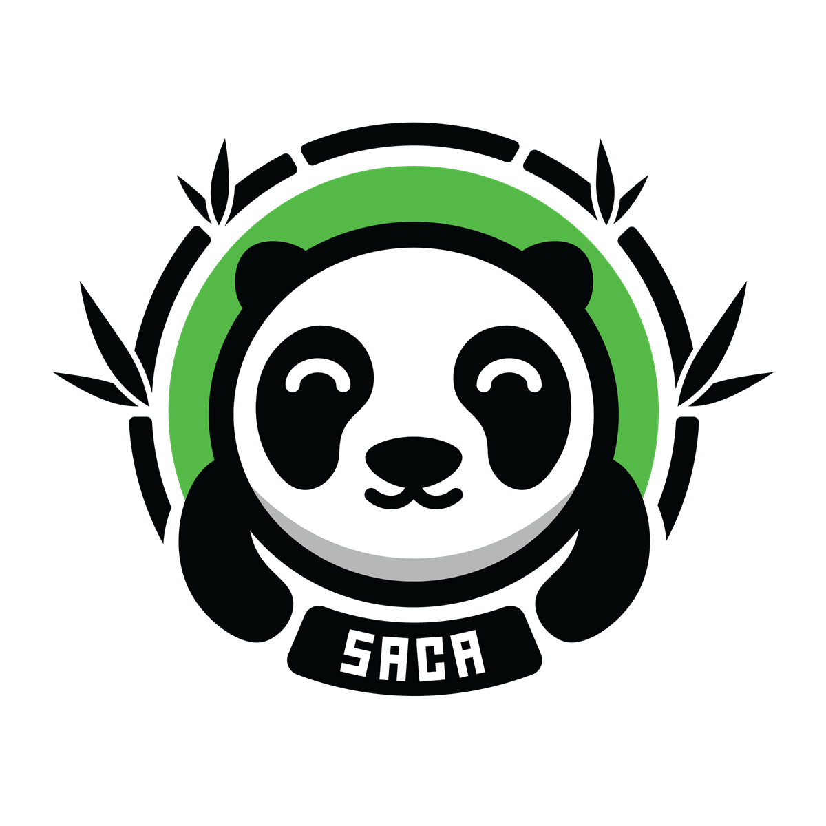 SACA (Student Association of Chinese Americans) in white Letters, Background: Black Bamboo Circle Around a Panda with a Green Glow 