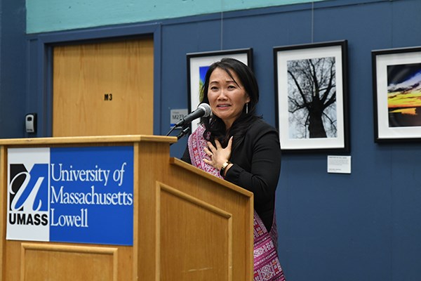 Assoc. Prof. of Education Phitsamay Uy gave an emotional speech at the official launch of the Southeast Asian Digital Archive at UMass Lowell