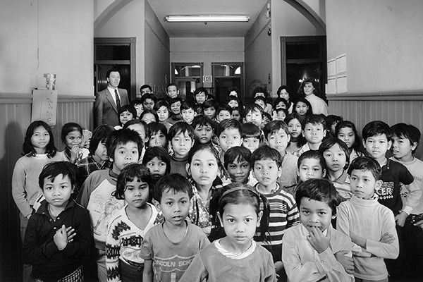Cambodian refugee children at the former Sacred Heart school building on Moore Street in Lowell.