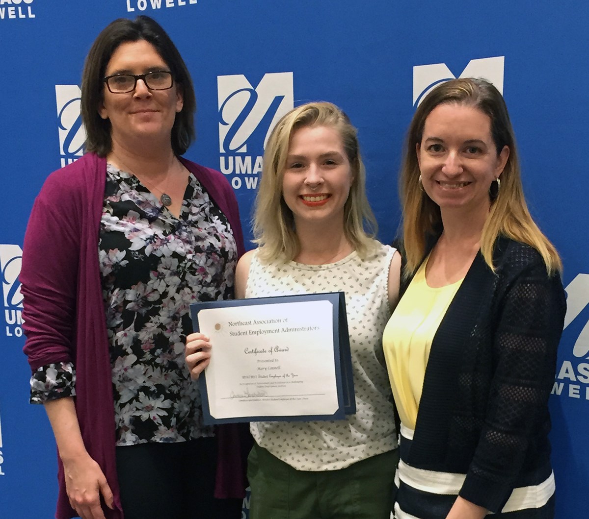 Mary Connell, 2017 UMass Lowell Student Employee of the Year, was recognized by Patricia Coffey of University Relations, her nominating supervisor, and Candice Garabedian, Student Employment Manager.