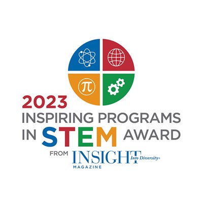 Circle split in 4 with atom, globe, pie symbol & gears in each quadrant with text: 2023 Inspiring Programs in STEM Award from Insight Into Diversity Magazine.