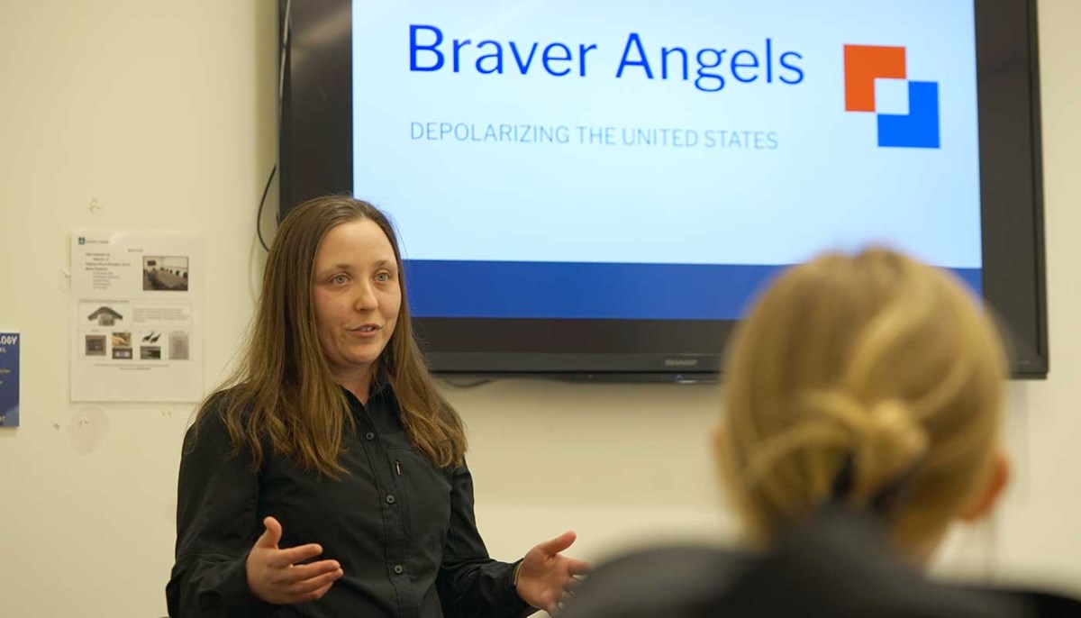 UMass Lowell alumna Sabrina Pedersen ’17 speaks at a workshop for Braver Angels, a bipartisan, nonprofit organization that seeks to depolarize American politics.