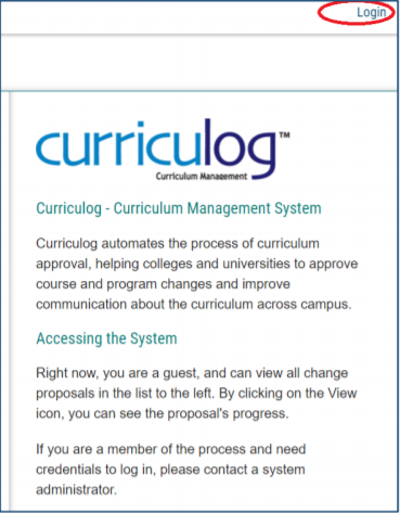 Screenshot of Curriculog Curriculum Management System interface with login link highlighted.