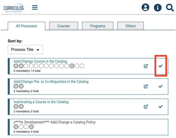 Screenshot of Curriculog interface showing All Processes tab with list of available proposal types and location of the check mark button used to select a new proposal type.
