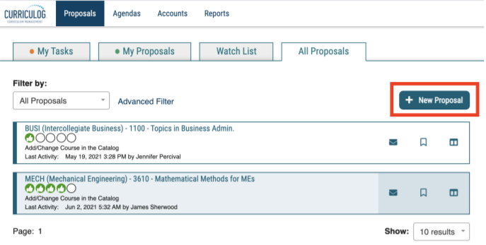Screenshot of Curriculog interface showing Proposals tab with list of proposals and location of New Proposal button.