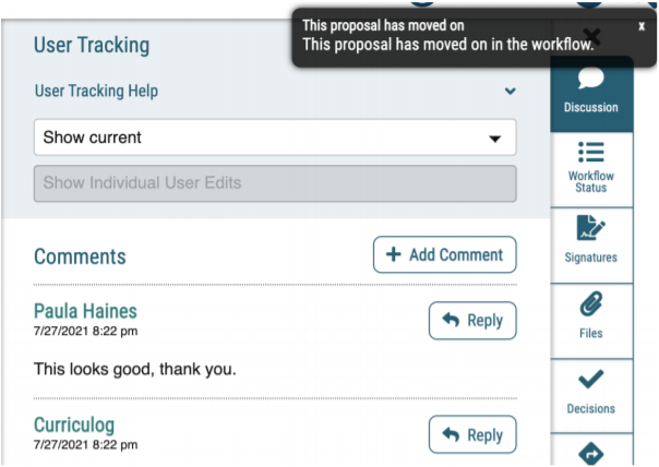 Screenshot of Curriculog interface showing a confirmation notice and a note in the “User Tracking” window.