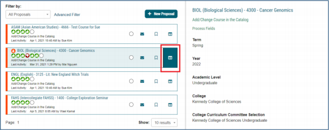 Screenshot of Curriculog interface showing a list of proposals with the summary tool for one proposal selected, and the summary details visible on the right-hand side.