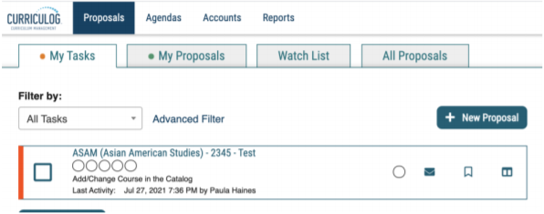 Screenshot of Curriculog interface showing a proposal awaiting a decision