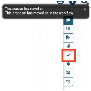 Screenshot of Curriculog interface showing the expanded proposal toolbar. Image highlights the check button the originator uses to approve their own proposal.