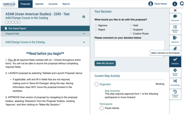 Screenshot of Curriculog interface showing the proposal and Decisions windows.