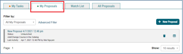 Screenshot of Curriculog interface with the “My Proposals” tab selected.