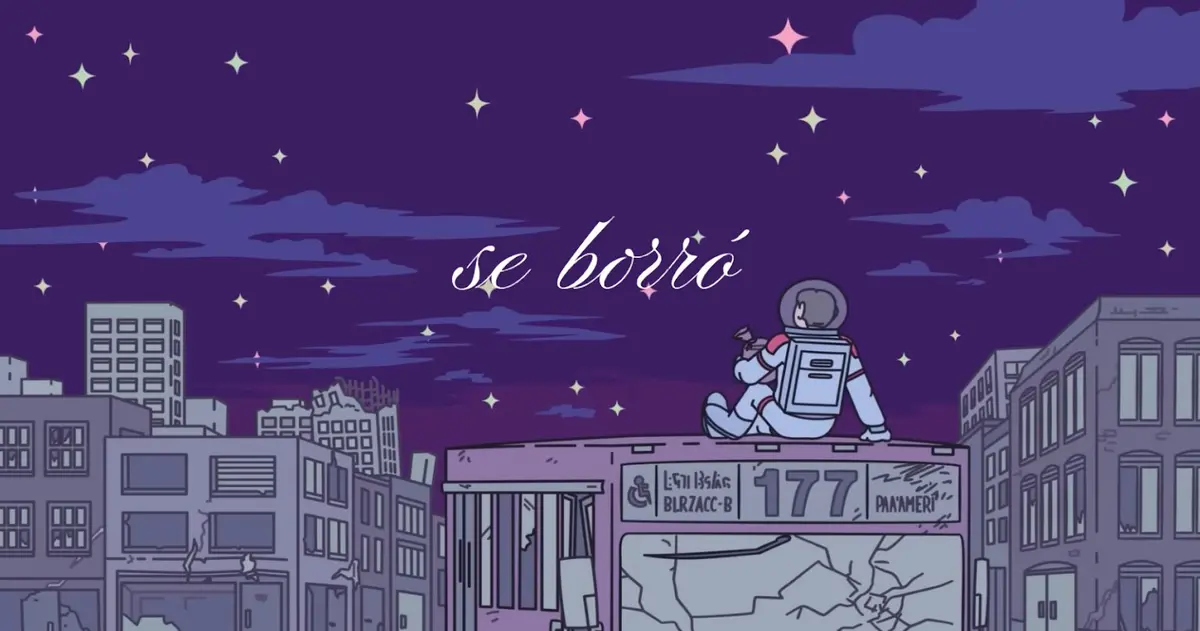 An astronaut and goldfish sit on a broken city building, looking at the stars. Text reads: "se borró".