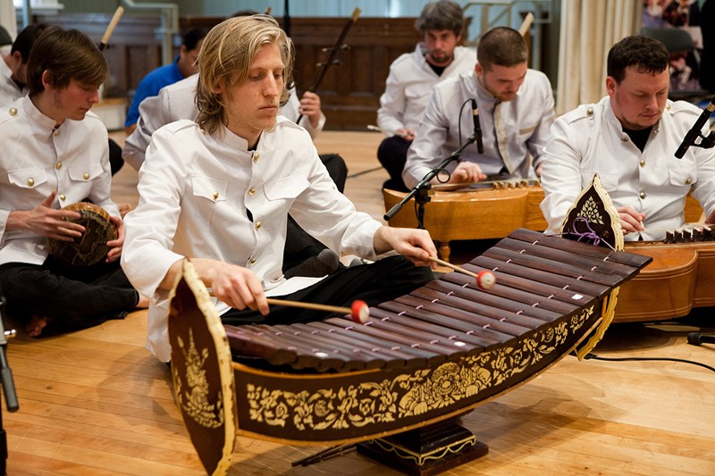 Seth Bailin and others with rheir instruments in the Cambodian Ensemble.