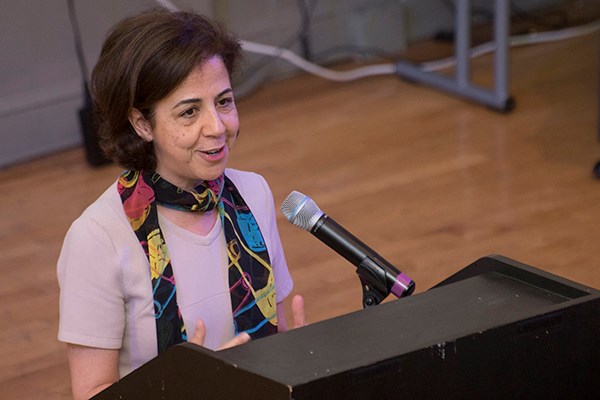 Shahra Razavi, head of research and data at the U.N. Commission on the Status of Women, speaks at the international Carework Summit at UMass Lowell
