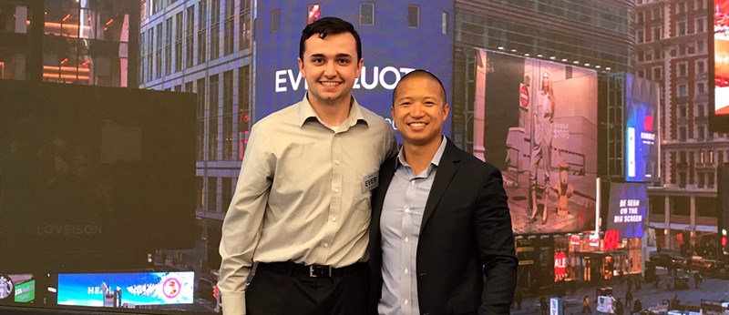 Shaymus Dunn pictured with master of science in accounting student, Nam Dinh, who both work at EverQuote, visit NASDAQ as company files IPO