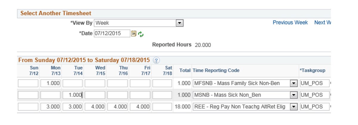 Screen shot of HR Direct timesheet system showing a non benefitted employee who is a positive reporter) reporting sick time.
