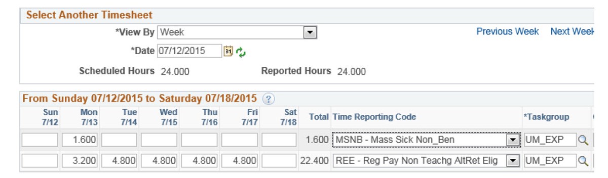 Screen shot of HR Direct timesheet system showing a non benefitted employee with a schedule) reporting sick time.