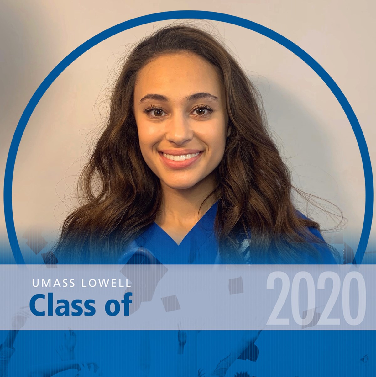 Headshot of Sophia Samih with a blue decorative frame around it that reads "UMass Lowell Class of 2020."