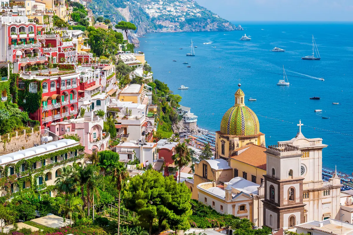 Colorful buildings and coastline in Sorrento on Italy's Amalfi Coast.